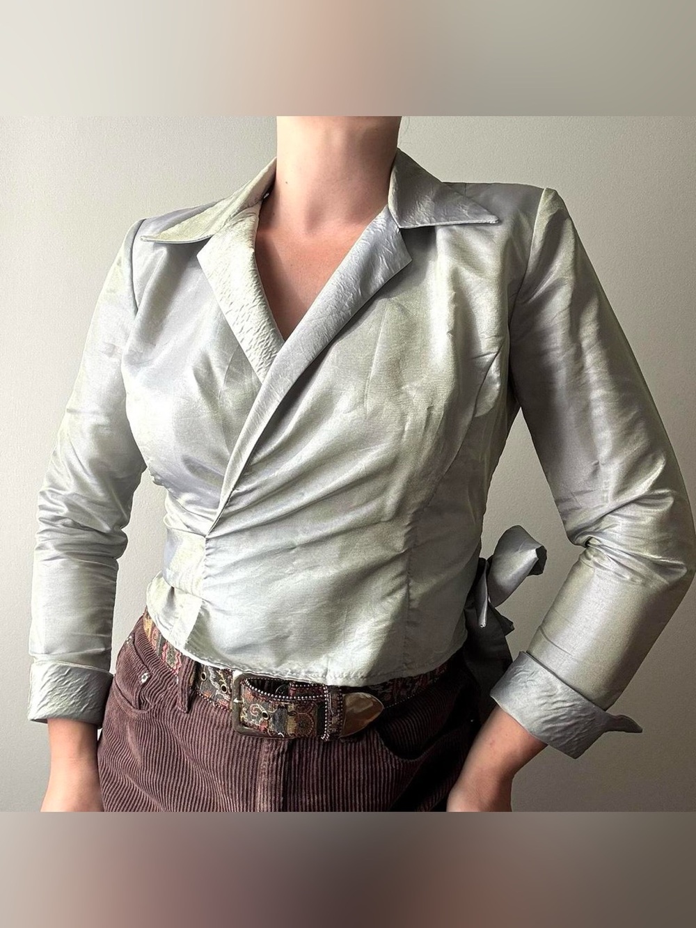 Patra vintage silver seafoam green iridescent wrap top